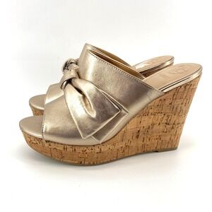 Guess Women Shiny Gold Hotlove Leather Open Toe Sandals Wedge Shoes Bow Size7.5